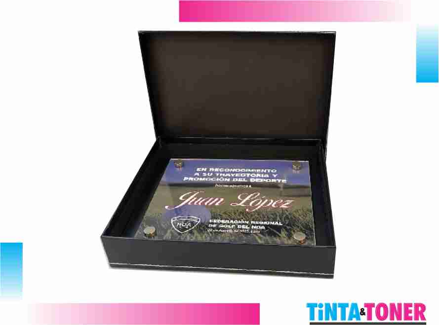 MOD 810 - PLACA DE RECONOCIMIENTO FULL COLOR CON ACRILICO Y CAJA TIPO CUERO DE 21 X 20