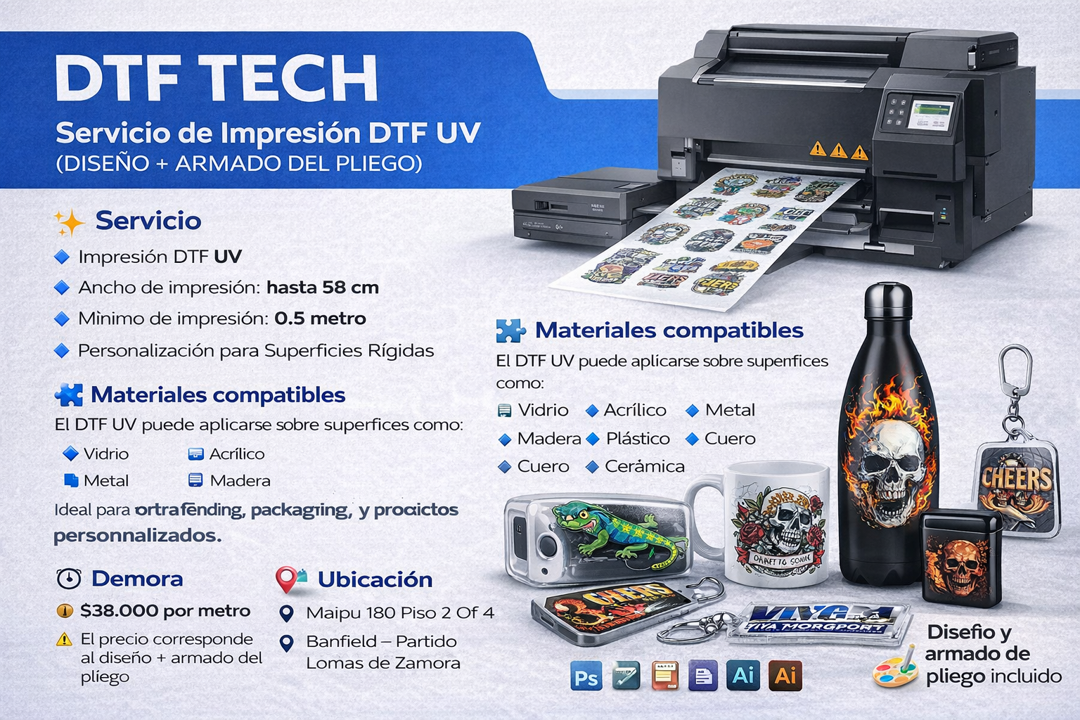 Impresión DTF UV + Diseño y Armado de Pliego