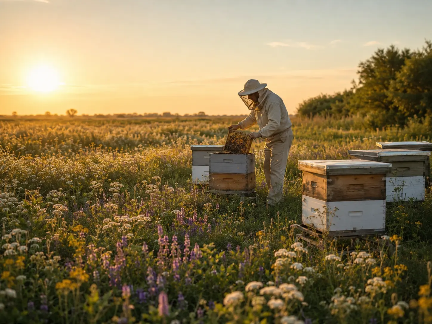 Apicultor trabajando entre flores de la región pampeana